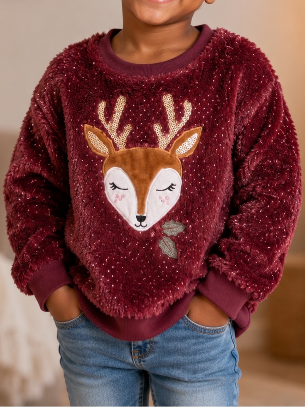 Tahari Burgundy Kids Deer Sweater